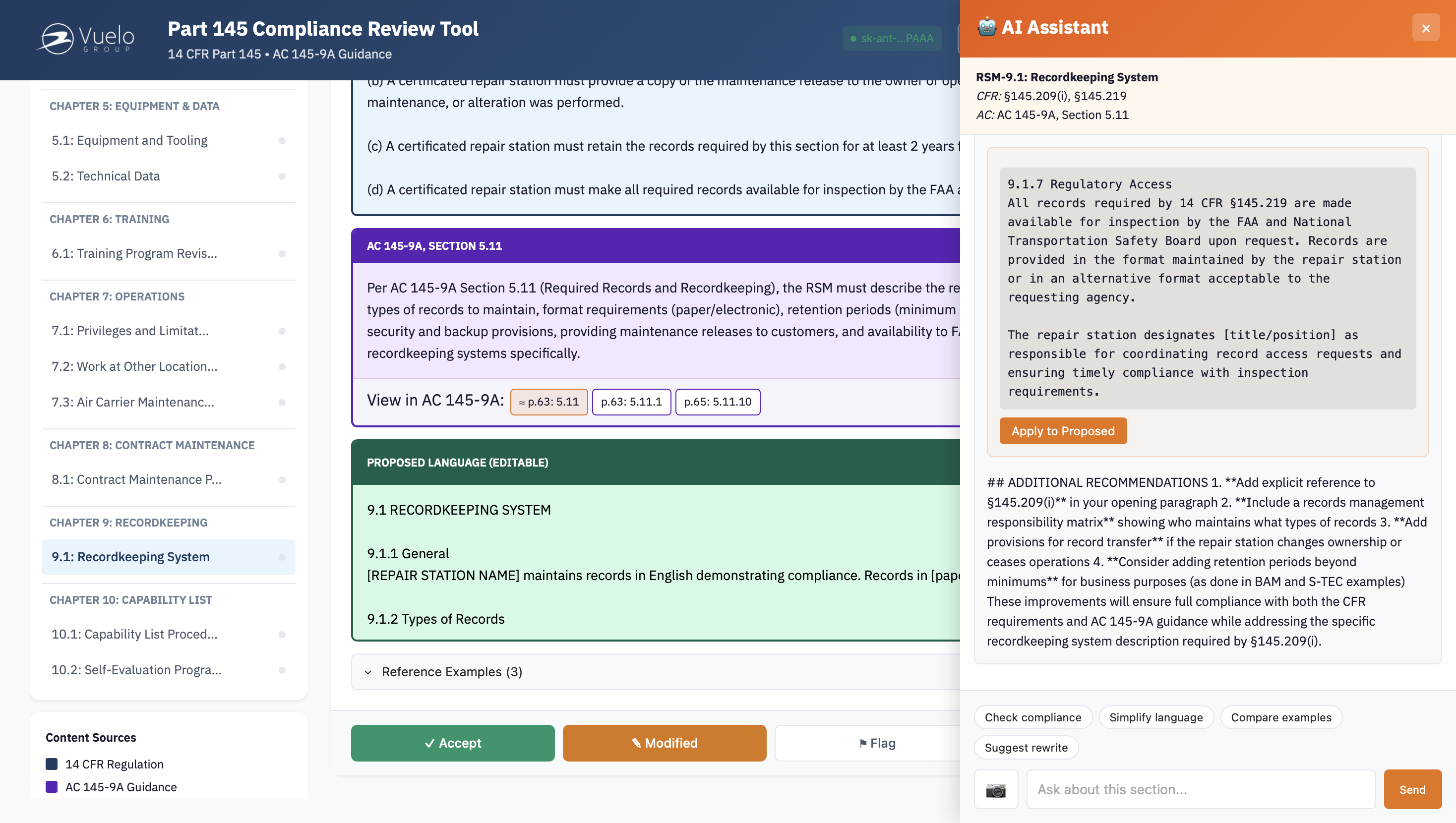 Part 145 Compliance Review Tool — regulation source with AI-guided policy development